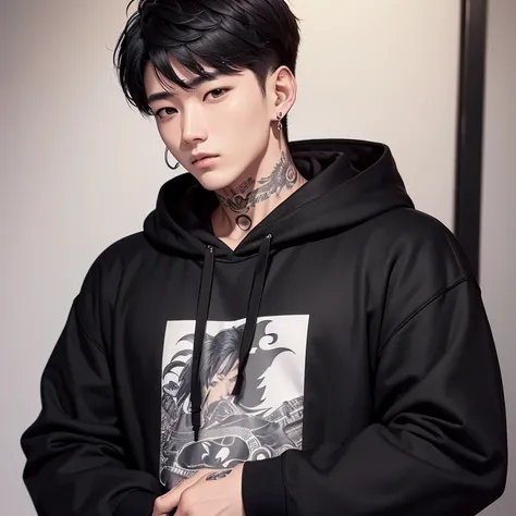 A masterpiece),(high-res),(High Quality), Young Korean man, Wide shoulders,tattoo on neck,Wearing earrings,Black Hoodie, Cold Page, One hand was in his pocket.,Black hair mixed with silver