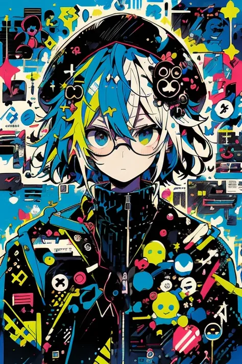 1(Best Quality, masutepiece:1.2),1boy,Anime young man with blue hair and glasses in a black jacket, live2d virtual youtuber model, 2 d anime style, anime moe art style, paint tool sai!! Blue, anime stylized, Stylized anime, 2 D Anime, bright green eyes,Bla...