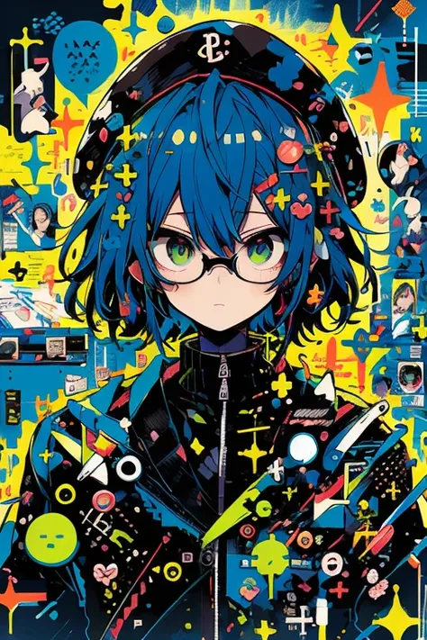 1(Best Quality, masutepiece:1.2),1boy,Anime young man with blue hair and glasses in a black jacket, live2d virtual youtuber model, 2 d anime style, anime moe art style, paint tool sai!! Blue, anime stylized, Stylized anime, 2 D Anime, bright green eyes,Bla...