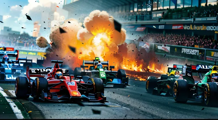 arafed race cars are on fire as a crowd watches, formula 1, f 1, f 1/4, f 1. 2, f 1.2, f1.2, f 1. 7, f 1/3, f1.7, motor sport ph...