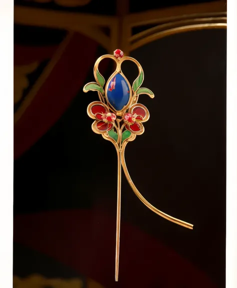 Plant elements，Close-up of red and blue hairpins with red beads, oriental art nouveau, rene lalique, cloisonne, Art Nouveau ornaments, Bright colors of the 1920s, Art Nouveau accents, cloisonne, early 2nd century, in an art nouveau style ( 1 9 2 2 ), Orien...