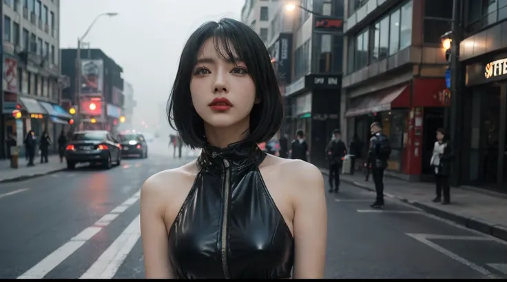 1 girl,Alone，(3D realistic), Cold，mediuml breasts,(Chopping)，tight leather clothes，cropped shoulders， hyper HD, 8K，theatrical，（Mid-range portrait），looking at the camera in，The cities of the future，On the street corner，natta，Sateen，volume fog，steamy，cyber p...