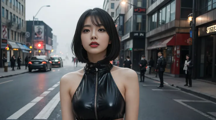 1 girl,Alone，(3D realistic), Cold，mediuml breasts,(Chopping)，tight leather clothes，cropped shoulders， hyper HD, 8K，theatrical，（Mid-range portrait），looking at the camera in，The cities of the future，On the street corner，natta，Sateen，volume fog，steamy，cyber p...