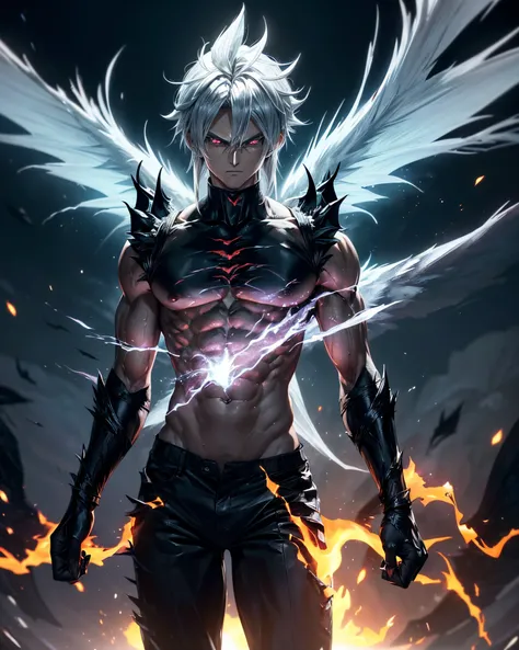 (((master part)))), (((extremely high quality)))), ((Ultra Definition)), .(((super detailed)),(((effects))) .(((perfect body ))),(((masculine))),(((masculine gender))),(((wings))).(((big wings))),(((perfect wings))),((( silver hair))),(((super Saiyan style...