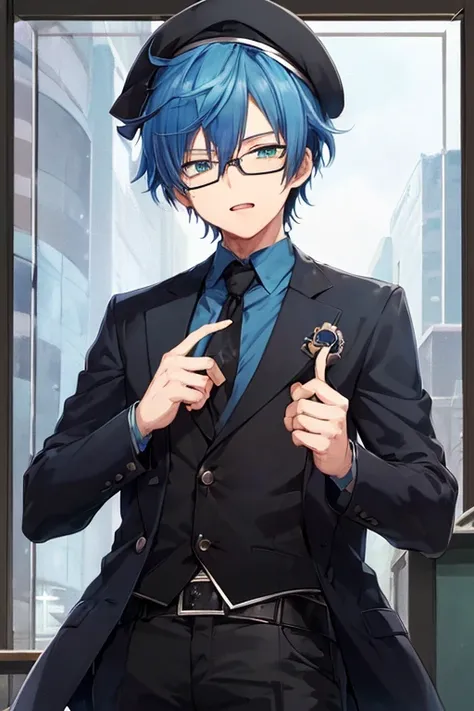 1(Best Quality, masutepiece:1.2),1boy,Anime young man with blue hair and glasses in a black jacket, live2d virtual youtuber model, 2 d anime style, anime moe art style, paint tool sai!! Blue, anime stylized, Stylized anime, 2 D Anime, bright green eyes,Bla...