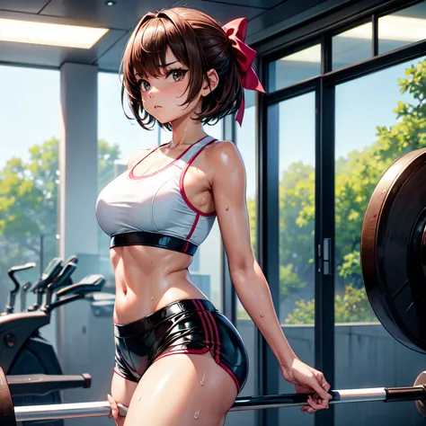 ​masterpiece, 4K, of the highest quality, bow ribbon, Sports Bra, Latex Shorts, is standing, arms folded,、cool expression　Beautiful gym, Brown-eyed, Short_hair, Small_Breast, looking at the viewers　、Heavy sweat、1 persons