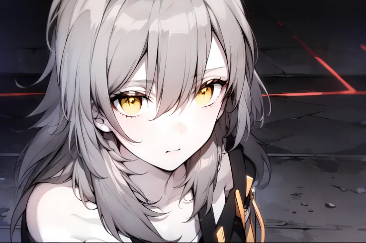 (masterpiece:1.2), (pale skin:1.2), (solo:1.2), (female:1.1), (emphasis lines:1.3), long hair, collarbone, gray hair, yellow eyes, ground, from above