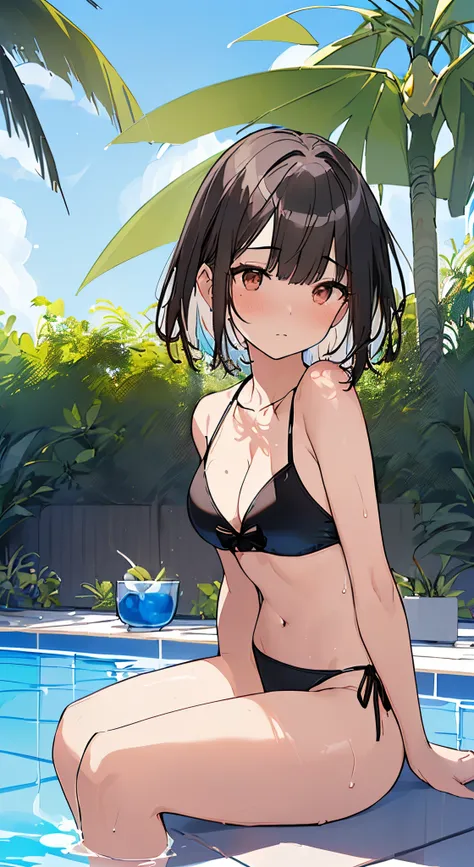 top-quality、​masterpiece、tre anatomically correct、(1 adult female:1.3)、(Soft bust:1.2)、Natural big、cleavage of the breast、(to close range:1.2)、(Seated Pose)、slender、(Thin and simple black small bikini swimsuit:1.2)、(Medium short hair)、(White highlights of ...