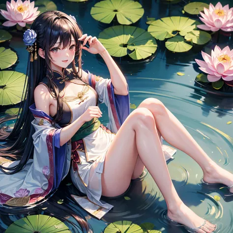 ((4K,tmasterpiece,Best quality at best)), shuimobysim, chinese paintings, lotus flower, Hanfu, Maxis Suite, clothes open, SWF 1 girls, Alone, blue long hair, ssmile, everlasting, Feet in the water, The barefoot,