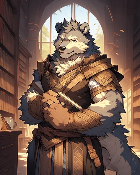 furry, portrait of a male anthro bear fursona, fantasy, wearing fantasy costume, background, library with coffee,beautiful compo...