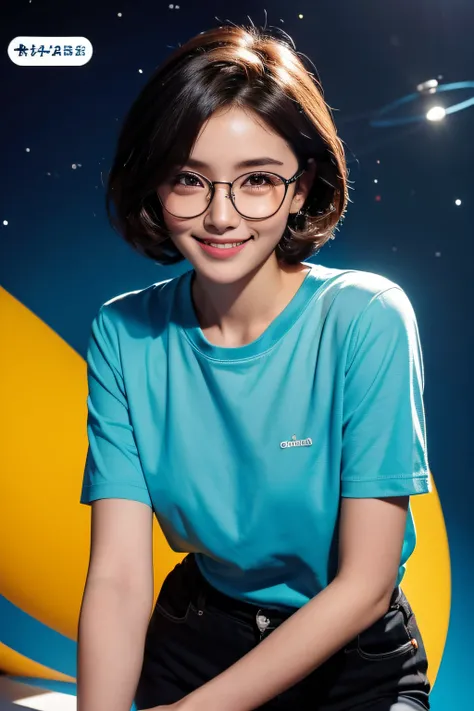 1girl in, Rounded glasses, Big glasses, Smiling, Looking at the camera, Short messy hair, Dark-skinned, rounded eyes, Cyan blue shirt, Black shorts, close up, Magazine shots, Dynamic Pose, Outer space background、