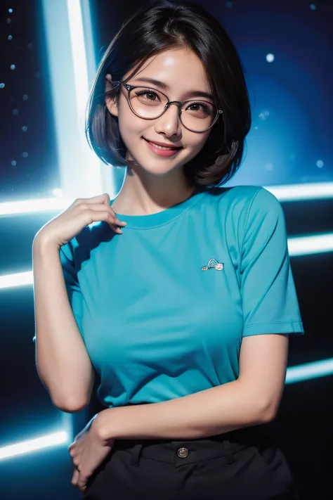 1girl in, Rounded glasses, Big glasses, Smiling, Looking at the camera, Short messy hair, Dark-skinned, rounded eyes, Cyan blue shirt, Black shorts, close up, Magazine shots, Dynamic Pose, Outer space background、