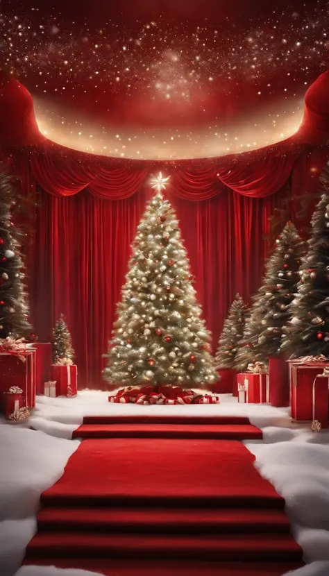 You are inside a cubic studio. There is a red carpet, a glowing Christmas tree in the center, a large display on the side with snow images, a white fantastic space, illumination, and high quality in every detail,