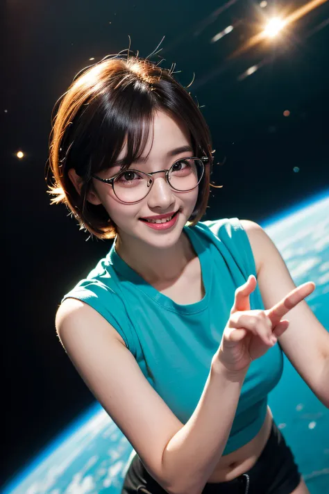 1girl in, Rounded glasses, Big glasses, Smiling, Looking at the camera, Short messy hair, Dark-skinned, rounded eyes, Cyan blue shirt, Black shorts, close up, Magazine shots, Dynamic Pose, Outer space background、