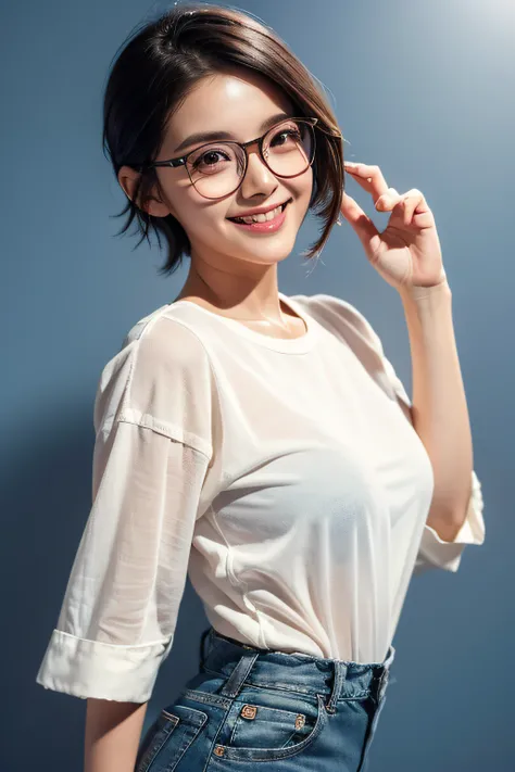 1girl in, Rounded glasses, Big glasses, Smiling, Looking at the camera, Short messy hair, Dark-skinned, rounded eyes, white  shirt, Denim shorts, close up, Magazine shots, Dynamic Pose, Outer space background、