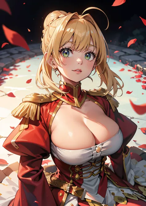 (tmasterpiece:1.2, Best quality), actual, (Real pictures, Complicated details, depth of fields), Nero Claudius (destiny), 1 plump girl, mediuml breasts, Alone, Blonde hair, Lop, Green-eyed, ahoge, Huge cleavage, epaulette, ssmile, looking at viewert, face ...