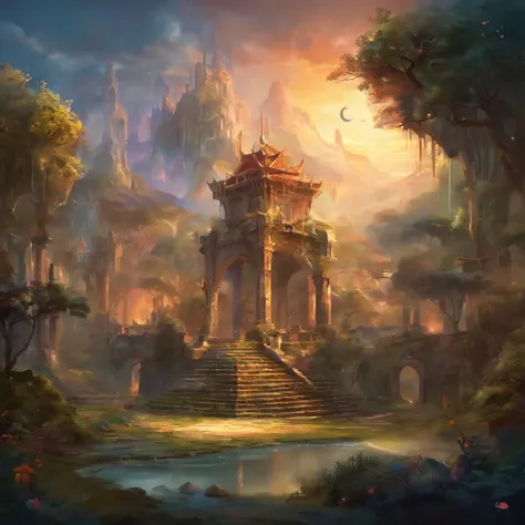 (Ruins)、Magical ruins with extremely sharp and rich details、「search and search」Create a style illustration. Make sure your scene is filled with intricate details, Vibrant colors, Realistic texture. Contains 20 different mystical creatures, [number] magic o...