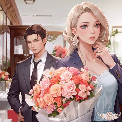 there is a woman holding a bouquet of flowers next to a man, semi-realistic, semi - realistic, romance novel cover, by Ren Renfa, by Zofia Stryjenska, art cover illustration, flower shop scene, highly realistic, by Rhea Carmi, by Aya Goda, digital art of a...