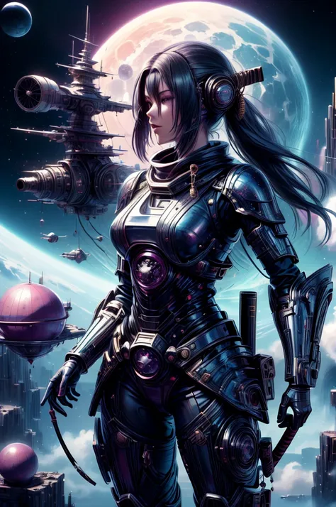 "science fiction painting, mysterious girl ninja, katana wielder, space wanderer, distant planets, futuristic science fiction, m...