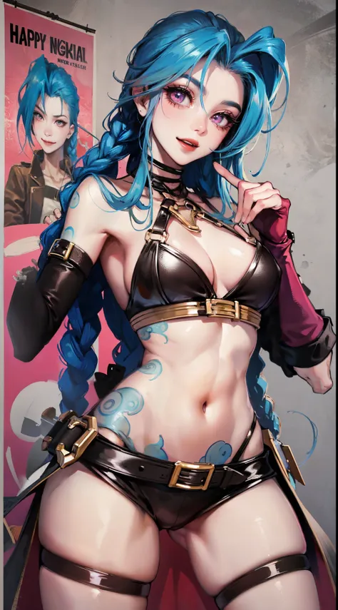 Jinx,Fleshy thighs，Poster publicity style，Pose，Simetall，C cup，Happy expression