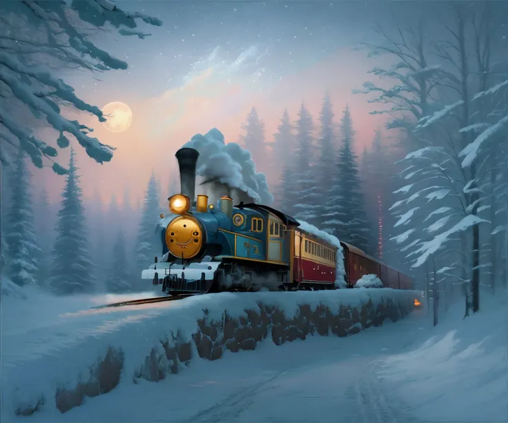 train picture, driving through a snowy forest on a full moon, train, Polar Express, ( ( Thomas Kinkade ) ), style of: Thomas Kinkade, Thomas Kincaid style, Kincaid, steam locomotive, Thomas Kincaid CFG _ Scale 9, based on Thomas Kincaid, (((Thomas Kinkade)...