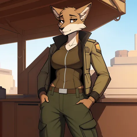 Lanky_athletic_coyote female khaki_furry_body brown_eyes fur_trimmed_jacket cargo_pants solo Masterpiece best_quality absurdres highly_detailed cleanly_drawn_eyes anthro_only by_claweddrip, by_greasymojo, by_underscore-b, by_runawaystride