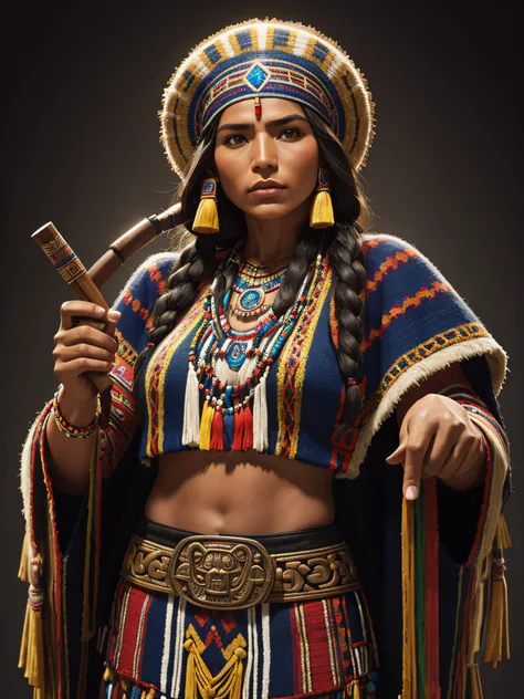 a Bolivina Gangster GIRL Inca wearing a poncho digital artwork, high contrast, dramatic, refined, tonal, Focus on touch, connection, and relaxation a hyper-realistic muscular Inca shamen woman holding a peace pipe. A background of Inca pyramids