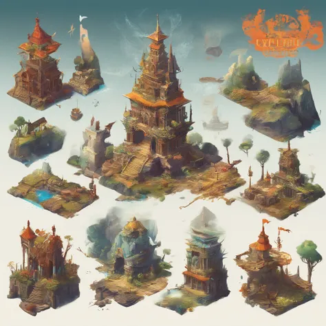 ((Explorer))、(Ruins)、Magical ruins with extremely sharp and rich details、「search and search」Create a style illustration. Make sure your scene is filled with intricate details, Vibrant colors, Realistic texture. Contains 20 different mystical creatures, [nu...