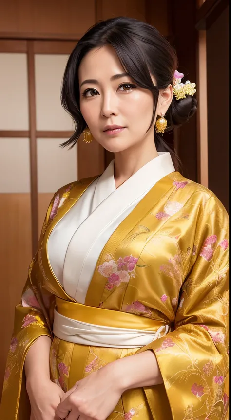 masutepiece, Best Quality, hight resolution, photoreaslistic, Detailed face,Front view,Beautiful middle aged woman, Upper body,Long,Golden kanzashi hair, Beautie, shrines, shining background,Gorgeous kimono,Inspired by Masami Nakazawa、Inspired by Haruka Ay...