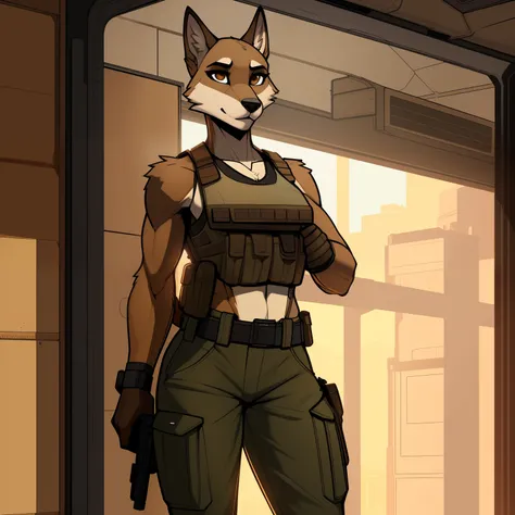 Lanky_athletic_coyote female khaki_furry_body brown_eyes tank_top tactical_vest cargo_pants solo Masterpiece best_quality absurdres highly_detailed cleanly_drawn_eyes anthro_only by_claweddrip, by_greasymojo, by_underscore-b, by_runawaystride