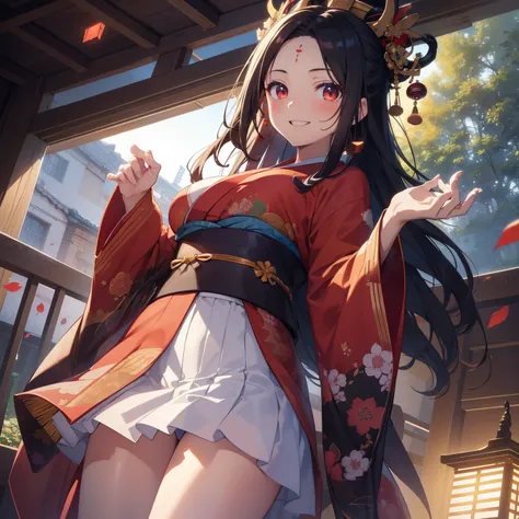 (masutepiece,Best Quality,8K),(extremely detailed CG1.1),teens girl,Smile,large boob,(From below:1.2),Intricate details , Hyper realistic, Perfect Anatomy,A dark-haired,Red Eyes,(((Forehead))),Permed hair with wavy hair,(((length hair))),Hair over one eye,...