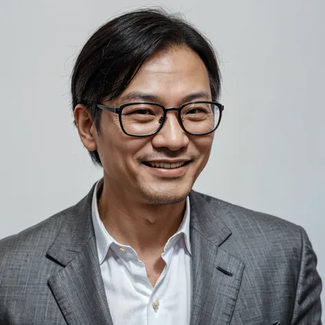 Close-up of a smiling middle-aged Chinese man wearing a black suit，Wear glasses on a white background，Look straight ahead