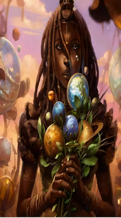 a close up of a woman holding a bunch of flowers, afrofuturism, afro futurism, greg beeple, painting by android jones, afrofuturism anime, afrofuturism style, african steampunk alchemist, african cyberpunk wizards, afrofuturist, beeple and jeremiah ketner,...