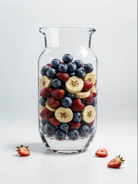 （Best quality，8K，Masterpiece：1.3），NOhumans，Clear glass，There are a lot of strawberries in it、Blueberries and Banana Chips, blend,, detalhe poderoso, intense detail, on the white background, Clear detail, professional,