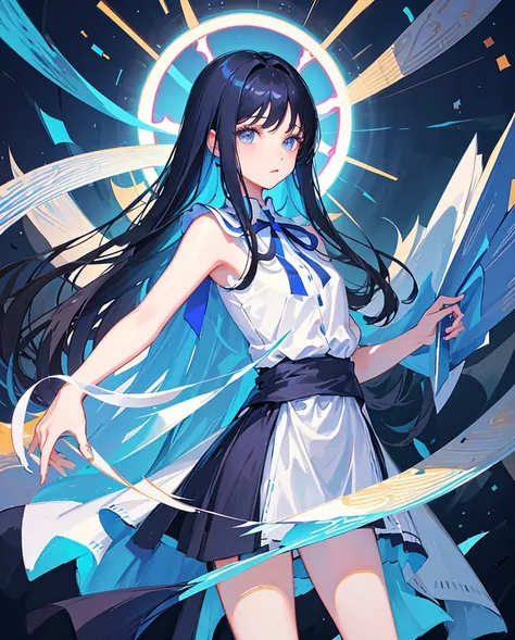 ​masterpiece, top-quality, 1girl in, length hair, Blue long dress, Blue ribbon,abstract background、magic circles、A girl with long black hair with bangs cut sharply、A woman with impressive symmetrical, neat bangs、Bright and clear illustration style、With str...