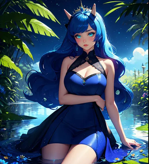 Princess luna, princess luna from my little pony, luna in the form of a girls, lush breast, voluminous breast, long dark navy blue wavy hair, (( sided bang )), turquoise eyes, turquoise eyeshadow, long black and blue wavy dress, royal dress, in a mythical ...