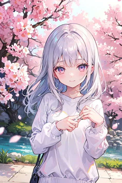 girl wearing a white sweatshirt、silber hair、pink sparkling eyes、Smile with narrowed eyes、the morning sun、Beautiful face with attention to detail、background is cherryblossoms、Clothes with open chest