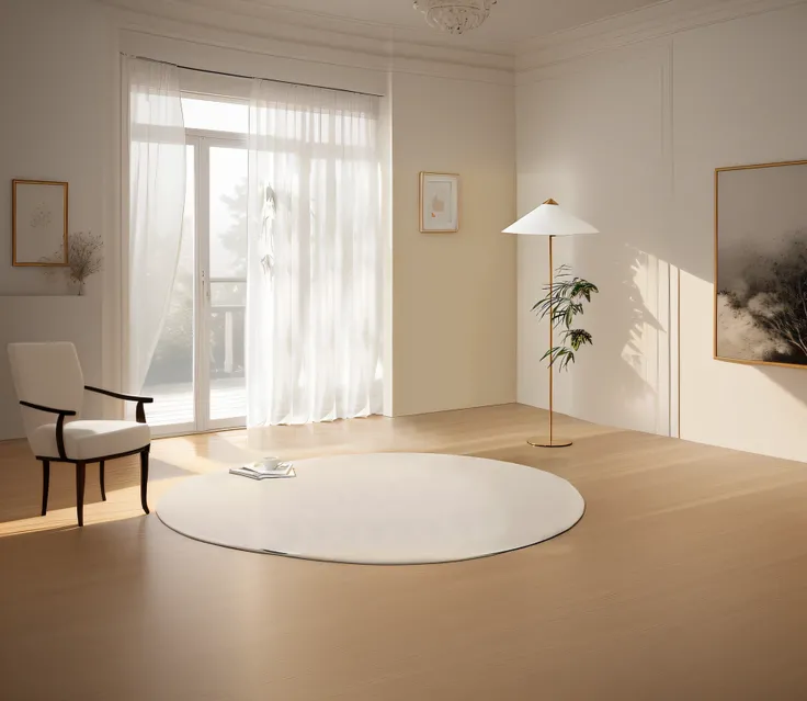 There is a white carpet on the floor of the room, The interior is softly lit, placed in a living room, Beige fog, Warm ambient light, placed in a large living room, in pastel shades, Cream room, The interior is softly lit, Round and simple back, floor lamp...