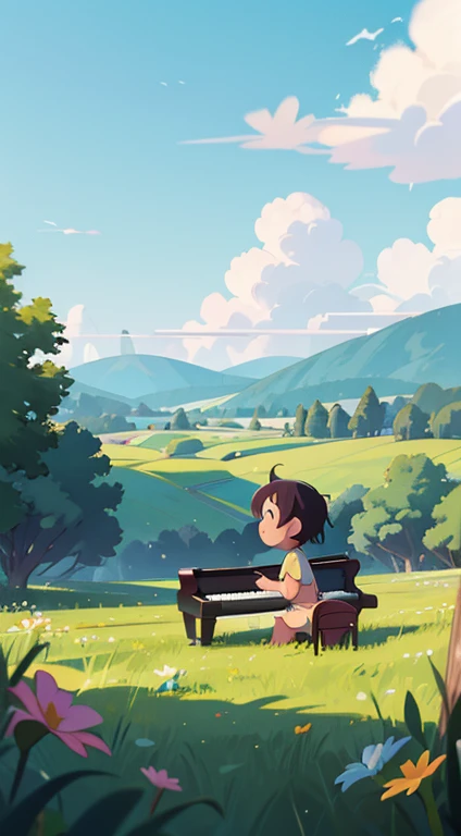 child playing piano，Background Meadow，Faraway view,Skysky，Look up