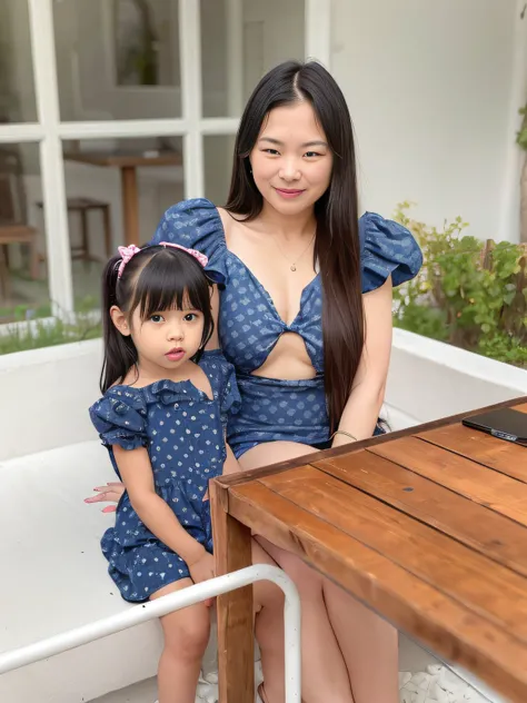 there is a woman and a little girl sitting on a couch, katelynn mini cute style, with ivy, full pose, tumblr, loli, with a kid, lovely and cute, daughter, cute and lovely, 2 years old, in a dress, petite girl, full portrait, 40 years old women, in blue dre...