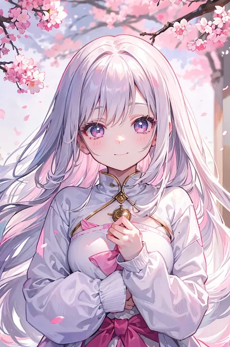 30 year old wearing white sweatshirt、silber hair、pink sparkling eyes、Smile with narrowed eyes、the morning sun、Beautiful face with attention to detail、background is cherryblossoms、Clothes with open chest、Kamimei