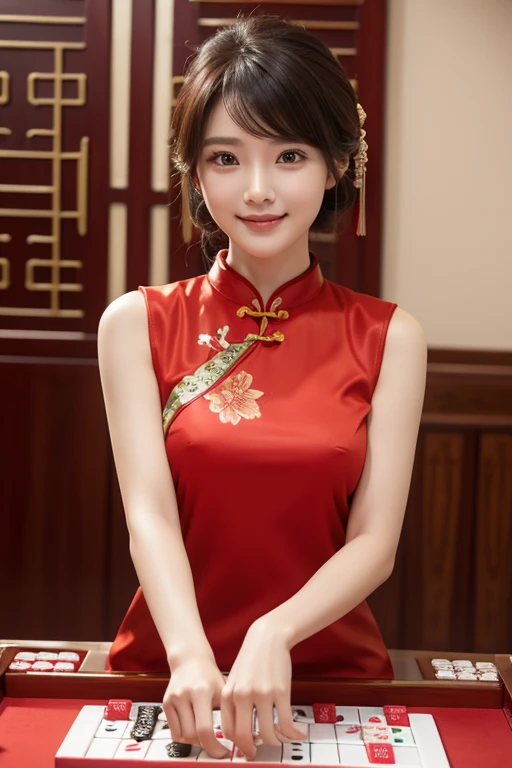 Girl playing mahjong，Mahjong table，Drawing cards，mahjong red，perfect body figure，on cheongsam，expose arms，looking toward the viewer，ssmile，Mahjong Hall