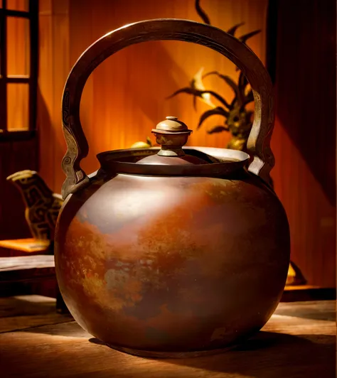 （A bronze square tripod sits on an old wooden table：1.2),Chinese Shang Dynasty bronzes，Square bronze pot with four legs，massiness，Decorated with ornate Taotie patterns，Gorgeous chinoiserie texture，（Cinematic texture：1.5），in real environment,8K