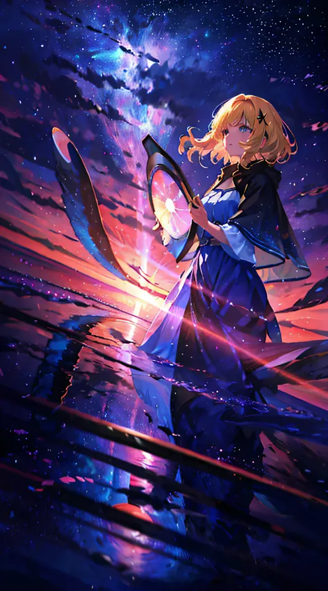 A woman stands in the sky looking at spiral galaxies, sitting on the cosmic cloudscape, she is approaching heaven, Cosmos Sky, girl looks at the space, space clouds, amazing wallpapers, Cosmic hair anime girl, cloud goddess, girl clouds, on cosmic cloudsca...