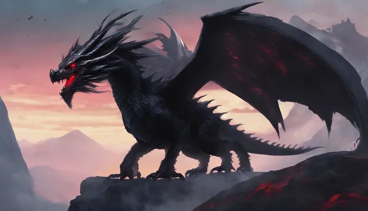 One black dragon with fur and red eyes, black mountains,  fantasy, mystical, dragon has feathers