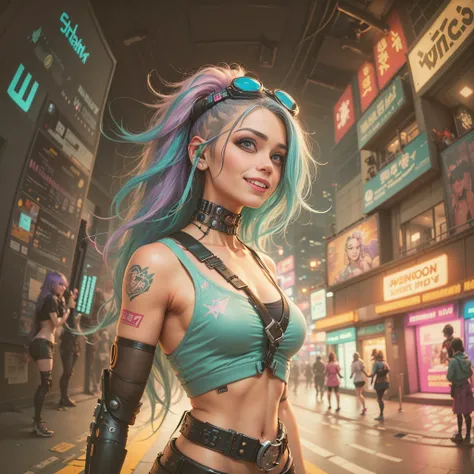 ((cyberpunk girls wearing colorful Harajuku style pop outfit)), ((((fisheye lens)))), cowboy shot, wind, purple hair, ((cyberpunk 2077 cityscape)), (cyberpunk aesthetics and atmosphere:1.3), bright colors, smiling, ((cinematic lighting)