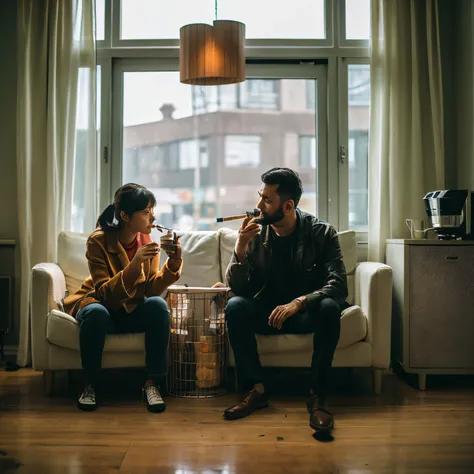 Father and daughter smoking cigarettes on the floor in a  room with 2 cups of coffee on the floor