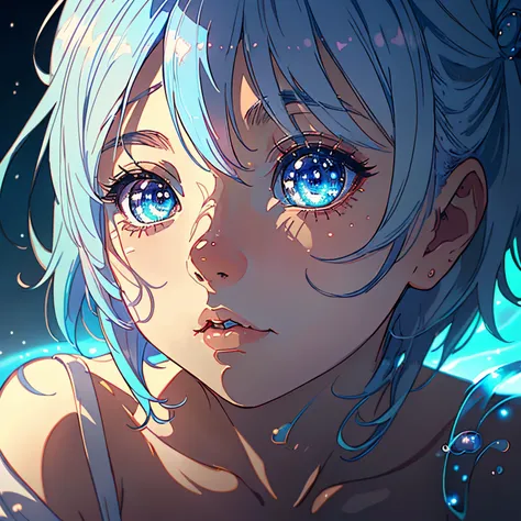 (the Extremely Detailed CG Unity 8K Wallpapers,masutepiece, Best Quality, Ultra-detailed), best illumination and shadow, extremely delicate and beautiful, floating, Blue hair girl in cute pose，short-cut，robe blanche,Its sparkling,Staring into the distance ...