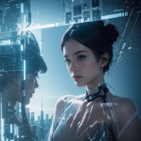 (Doubleexposure:1.5)，Futuristic mechanical girl portrait，The cities of the future，Fusion，overlapping，Transparent people