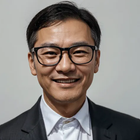 Close-up of a smiling middle-aged Chinese man wearing a black suit，Wear glasses on a white background，Looking directly at